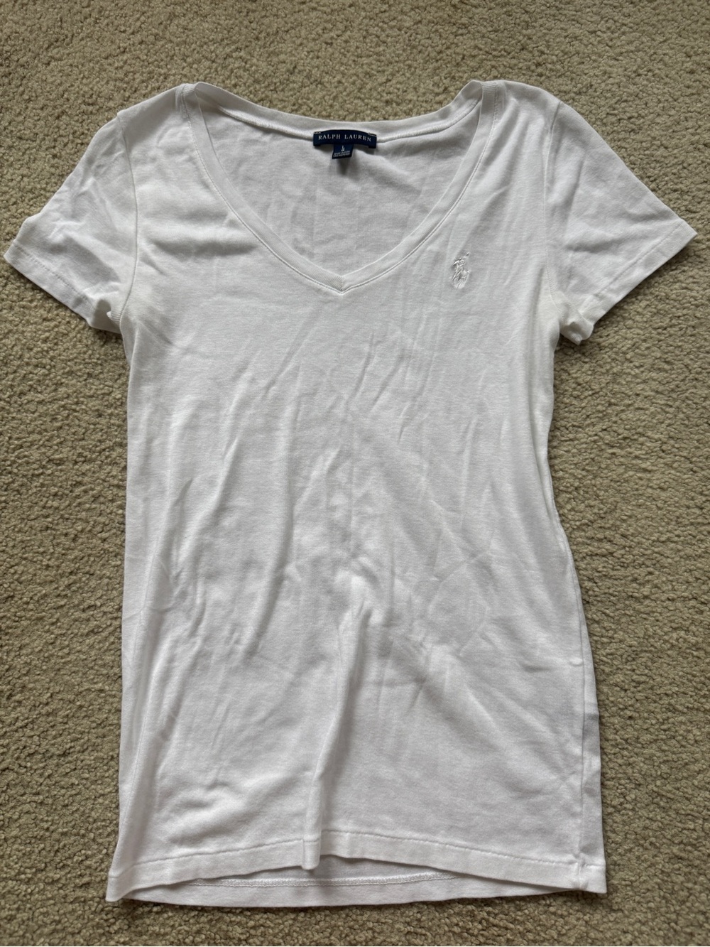 Ralph Lauren Women’s V Neck Short Sleeve White Shirt Size L Pima Cotton Lyocell
